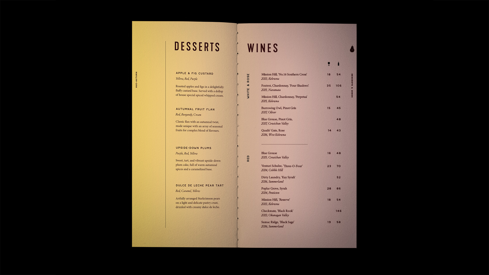 Hue menu drinks and desserts spread mockup.