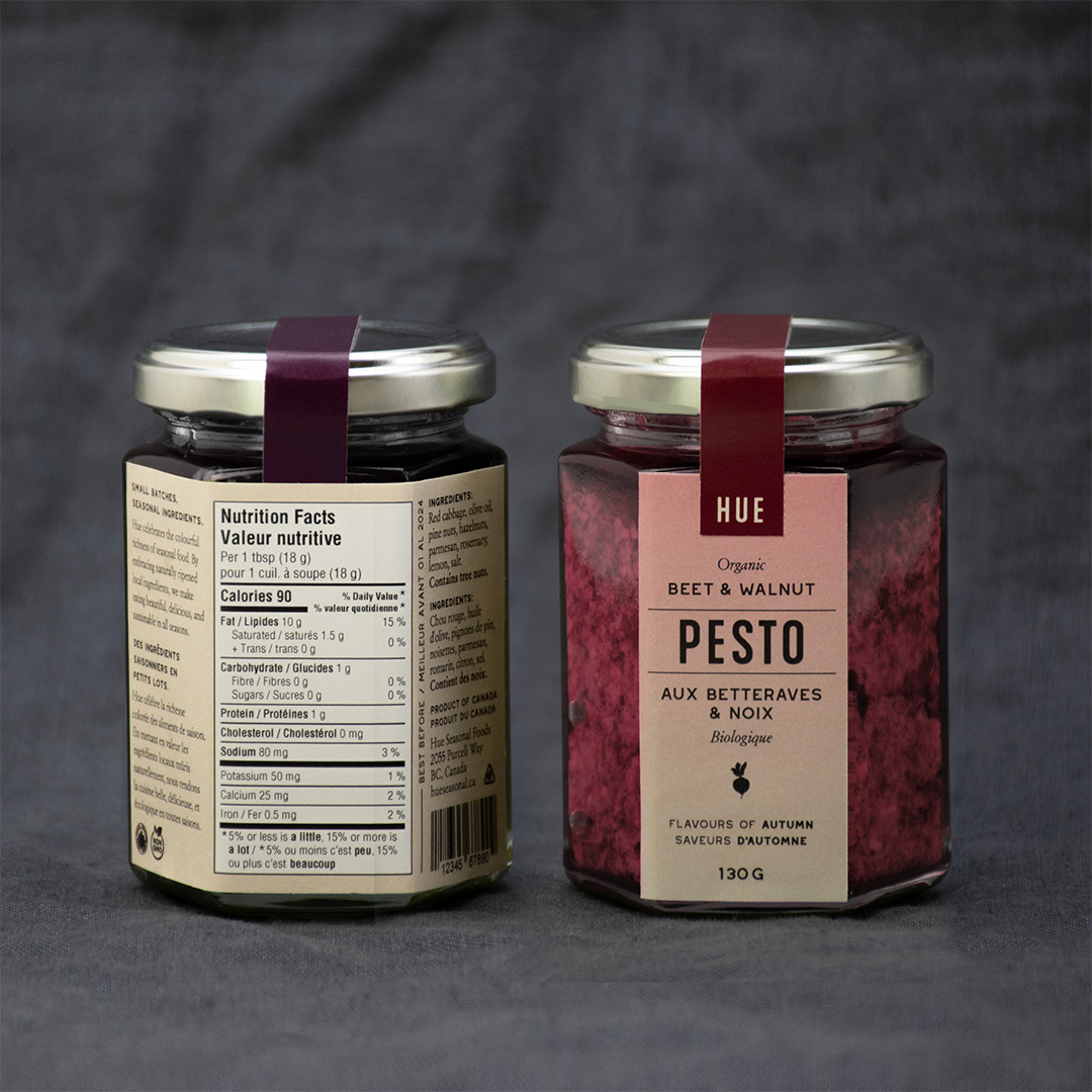 Pesto packaging showing two containers, front and back.