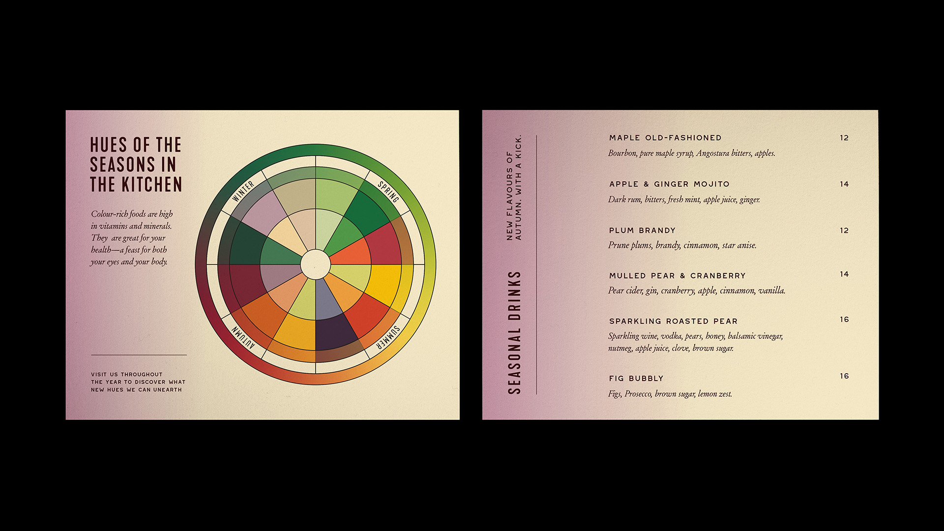covers of two colourful menus on a black background
