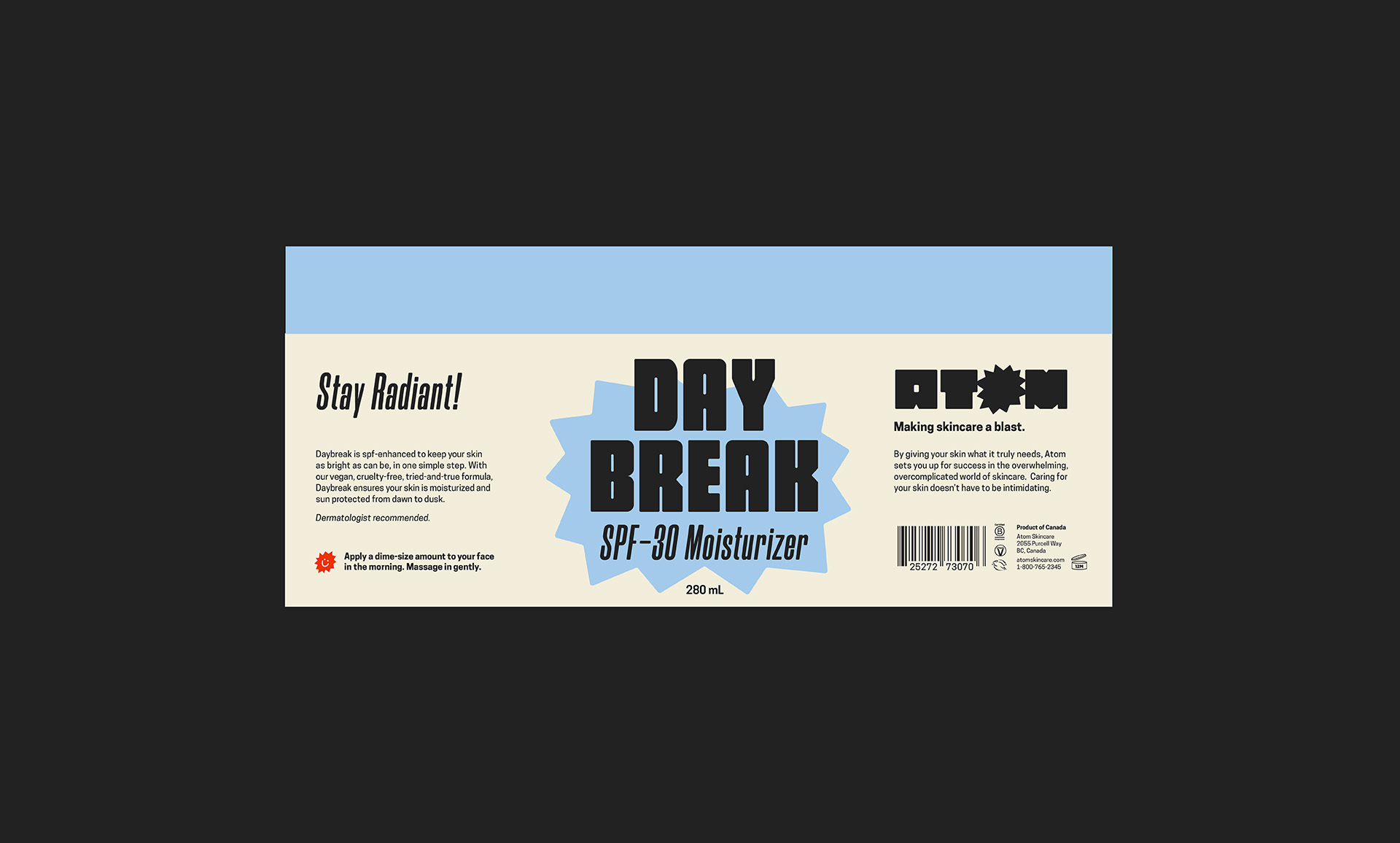 Label design for Atom Skincare Daybrak moisturizer.