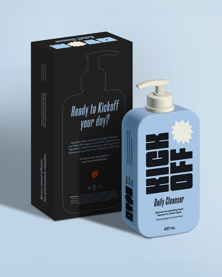 Mockup showing Atom Skincare facial cleanser bottle, with back of box in the background.
