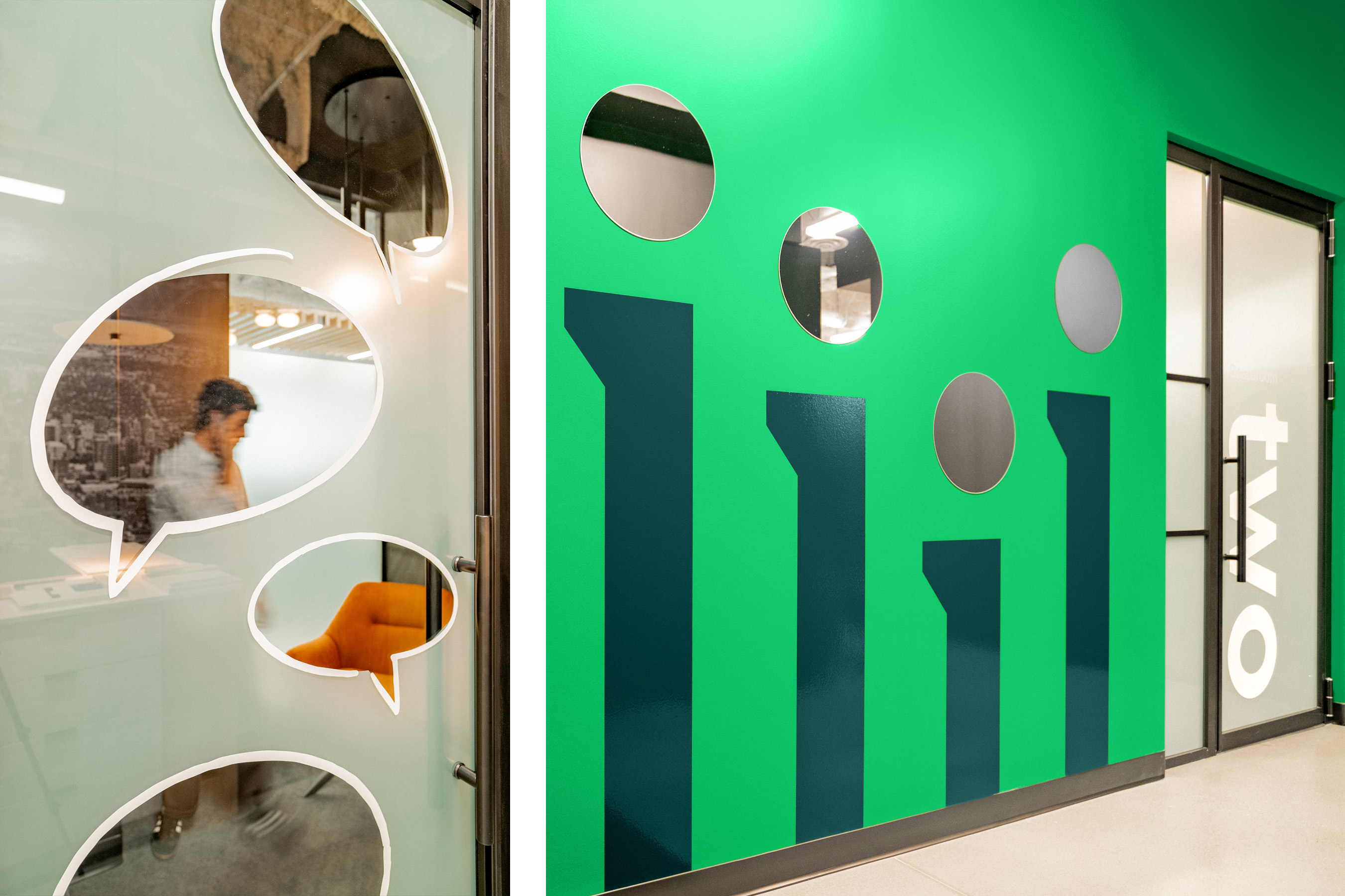 Mural with branded i graphics with mirrors on the dots, and a door graphic with speech bubbles.