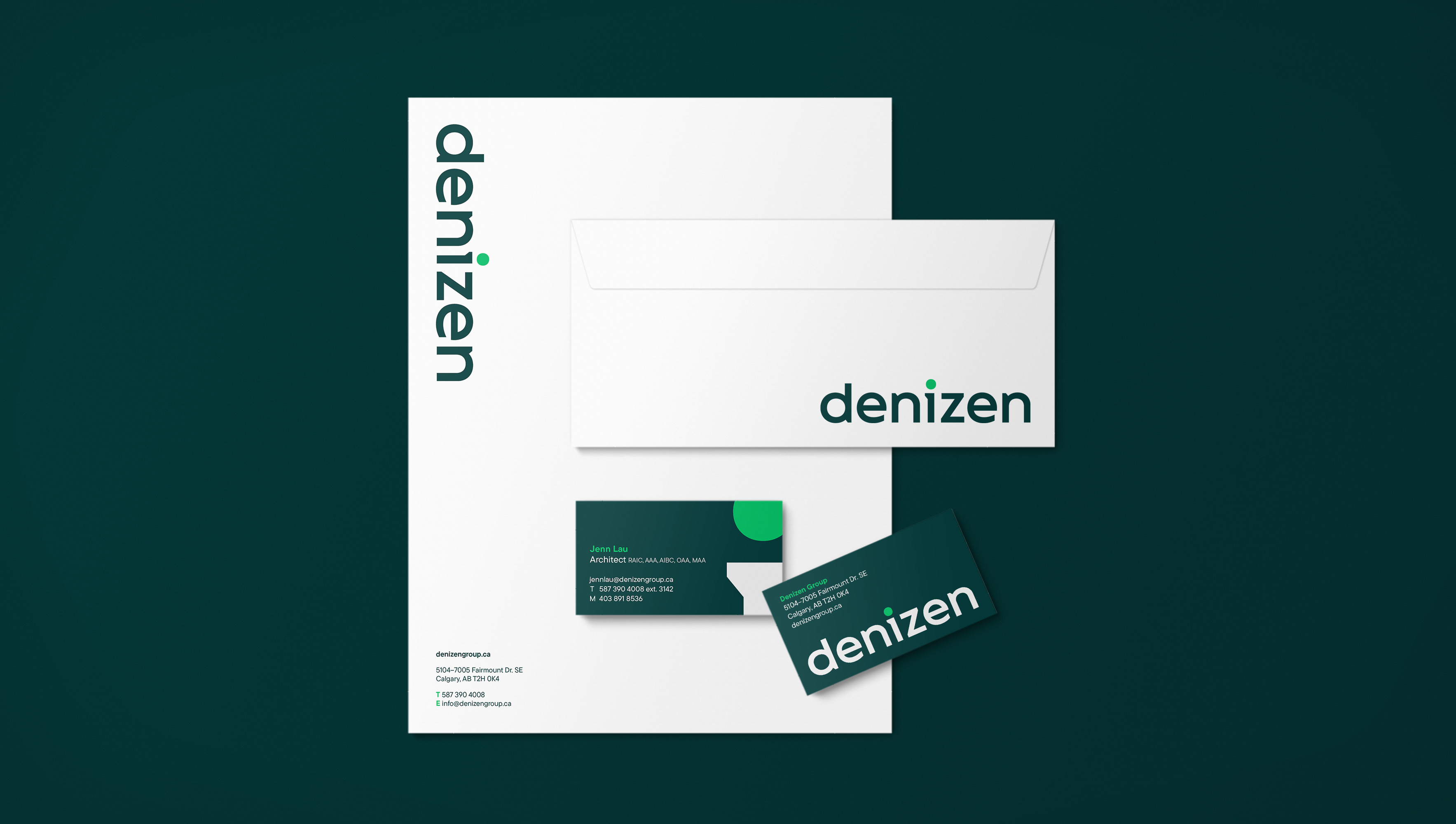 Letterhead, envelope, and business card designs on a green background