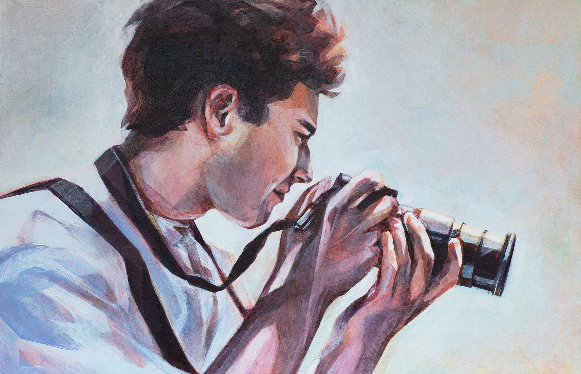 Acrylic painting portrait of a man holding a camera, seen from the side.