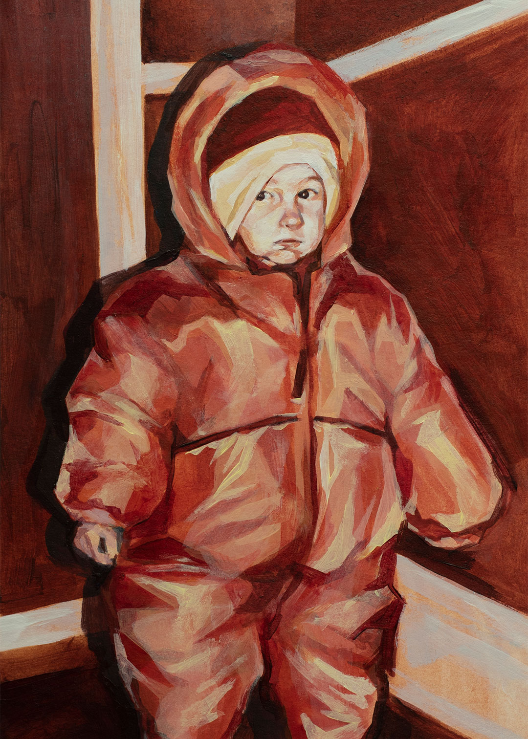 Portrait painting of a toddler wearing a full-body winter suit.