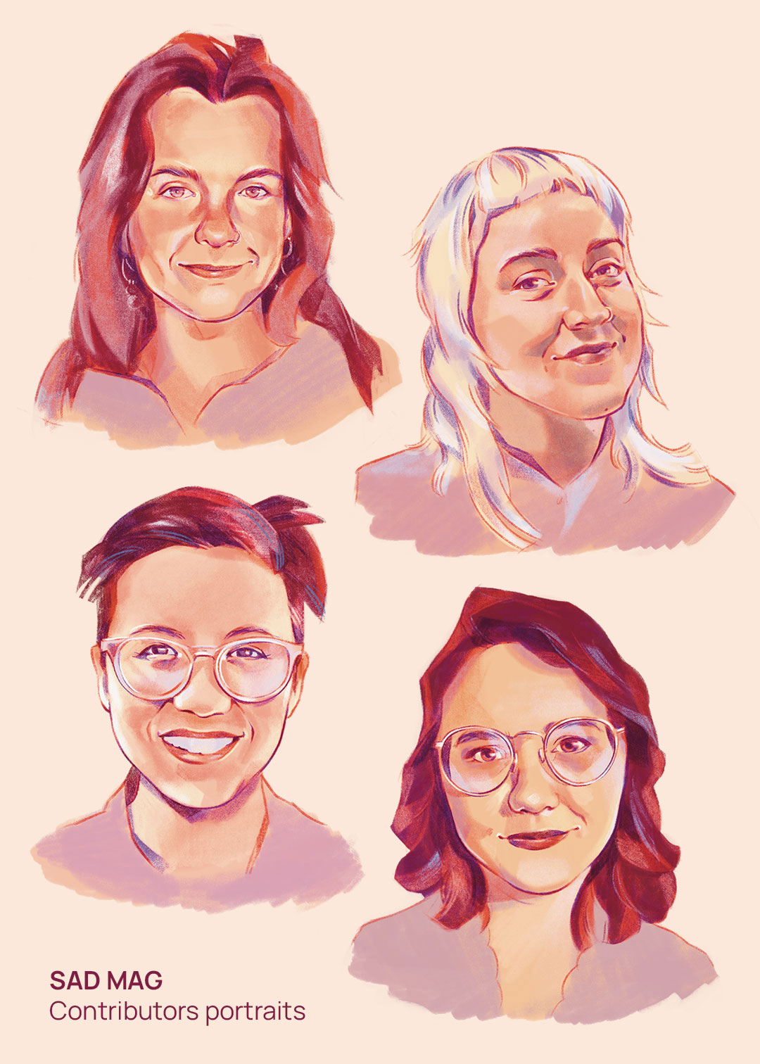 Four portrait illustrations of contributors for SAD Magazine.