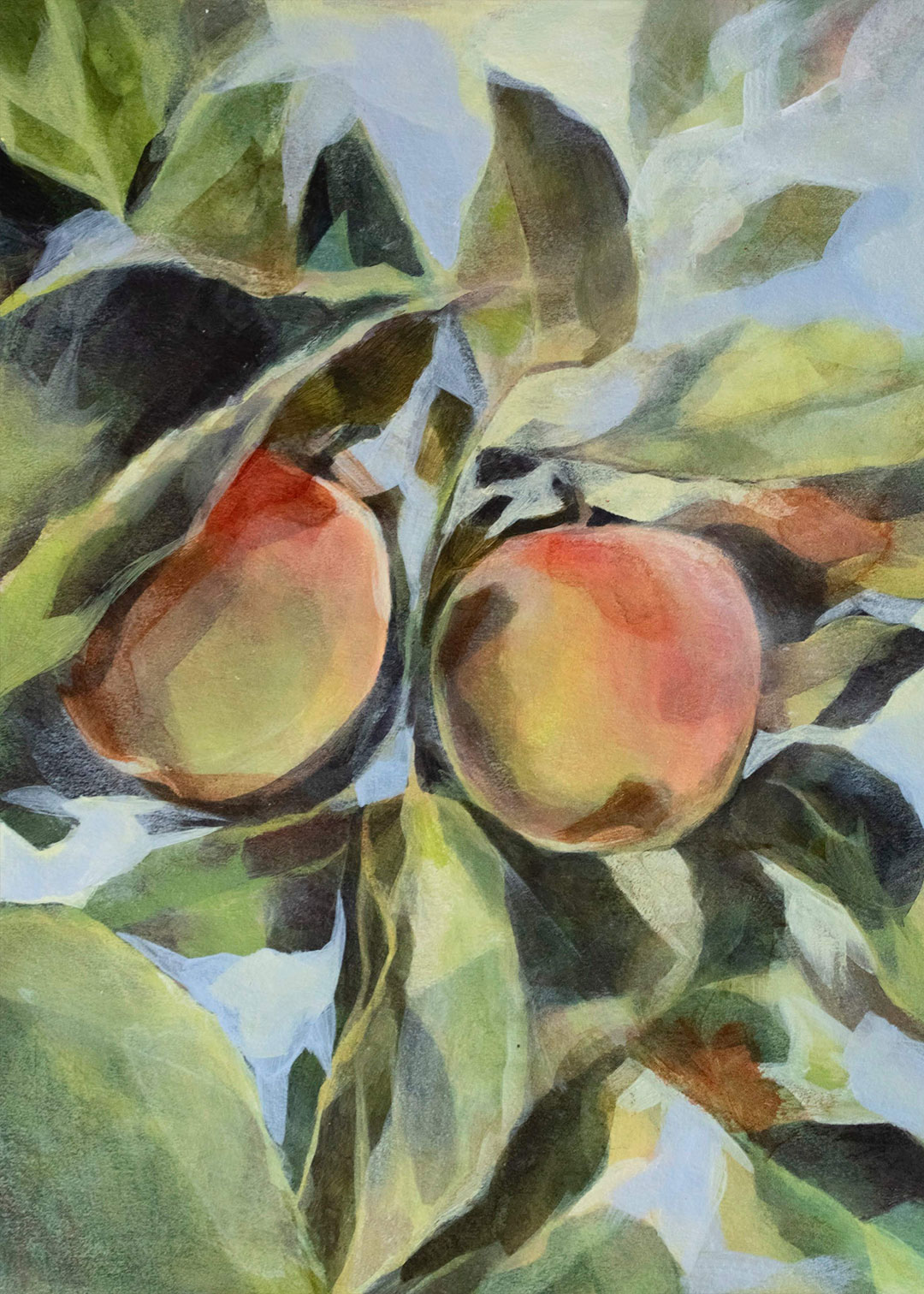 Acrylic painting of apples surrounded by leaves.