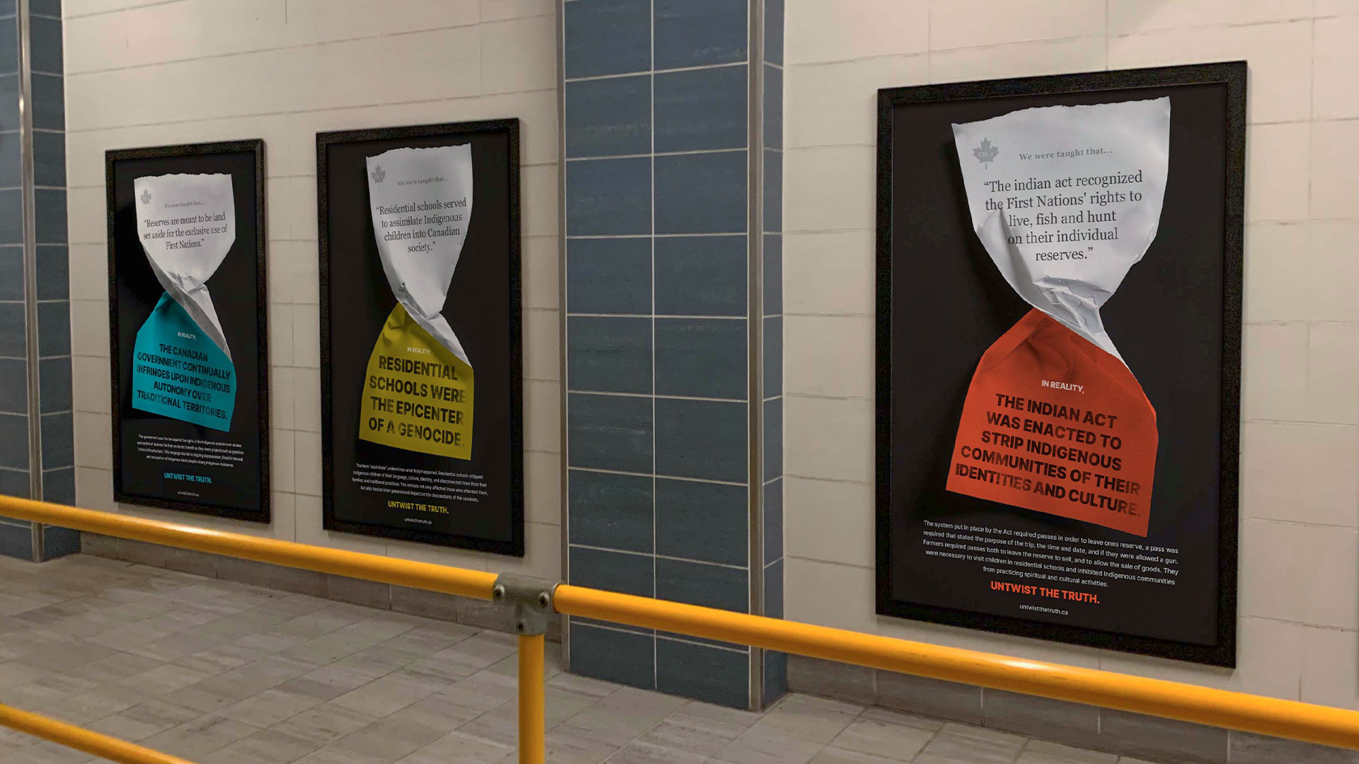 mockup of three posters on the wall of a train station